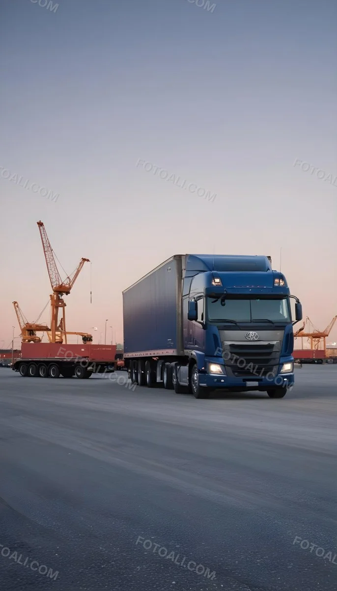 A Large Semi Truck With A Blue Cab And A Gray Trailer Parked In Front Of A Port With Cranes In The Background 22 A44a