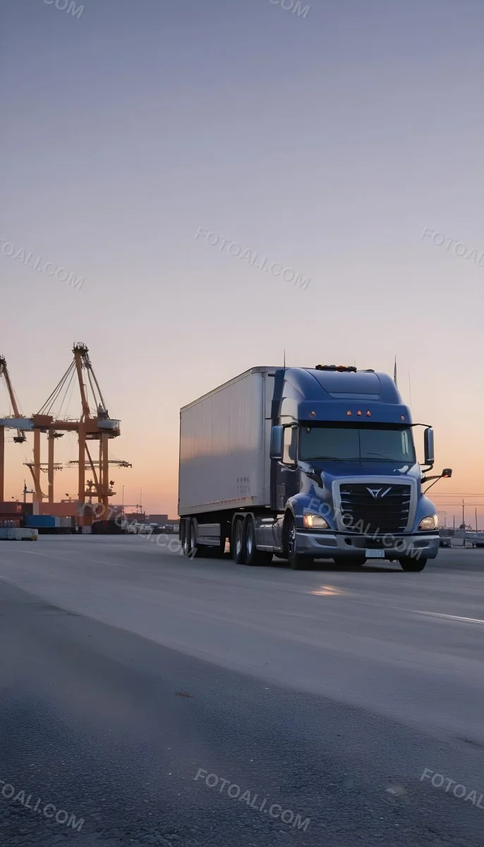 A Large Semi Truck With A Blue Cab And A Gray Trailer Parked In Front Of A Port With Cranes In The Background 23 F8b9