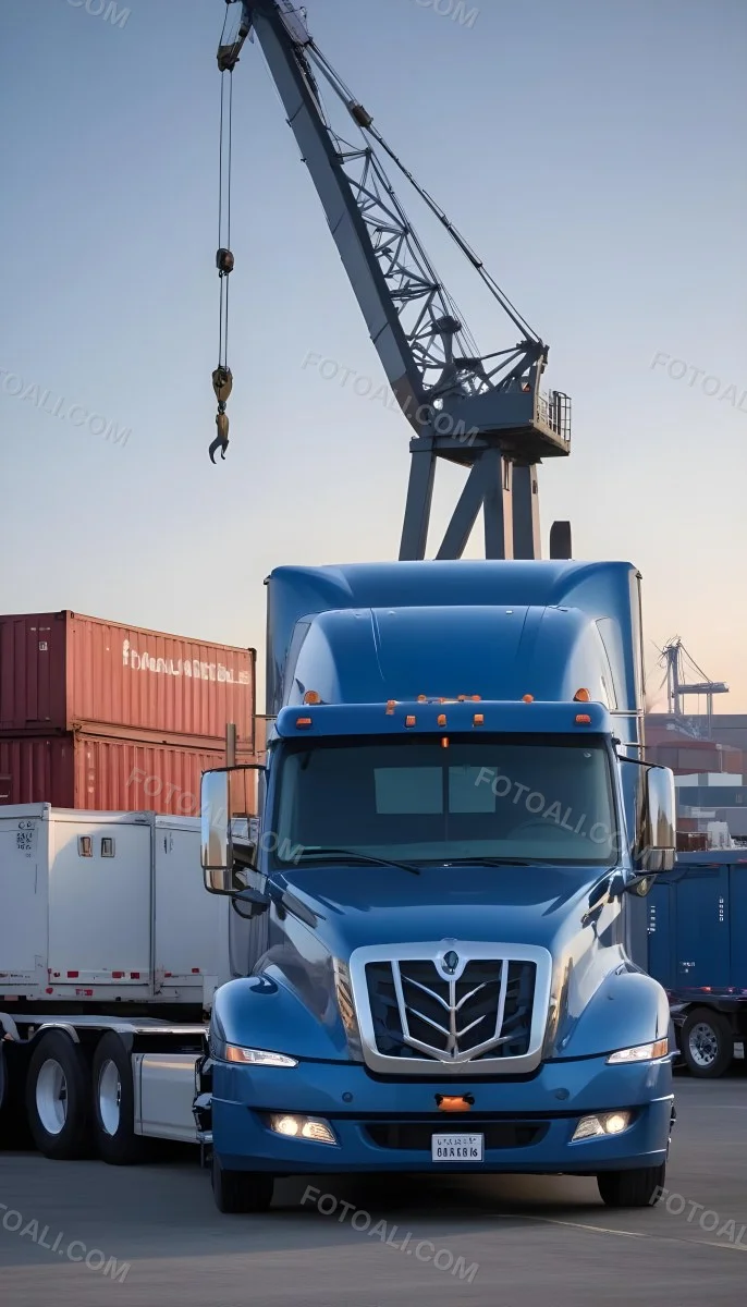 A Large Semi Truck With A Blue Cab And A Gray Trailer Parked In Front Of A Port With Cranes In The Background 3 9ed6