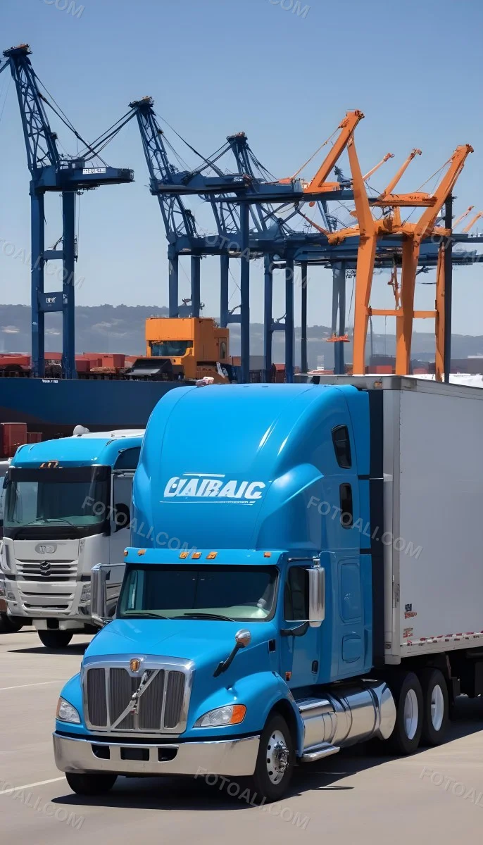 A Large Semi Truck With A Blue Cab And A Gray Trailer Parked In Front Of A Port With Cranes In The Background 6 Fc46