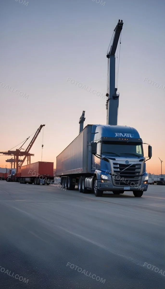 A Large Semi Truck With A Blue Cab And A Gray Trailer Parked In Front Of A Port With Cranes In The Background 8 Df3c