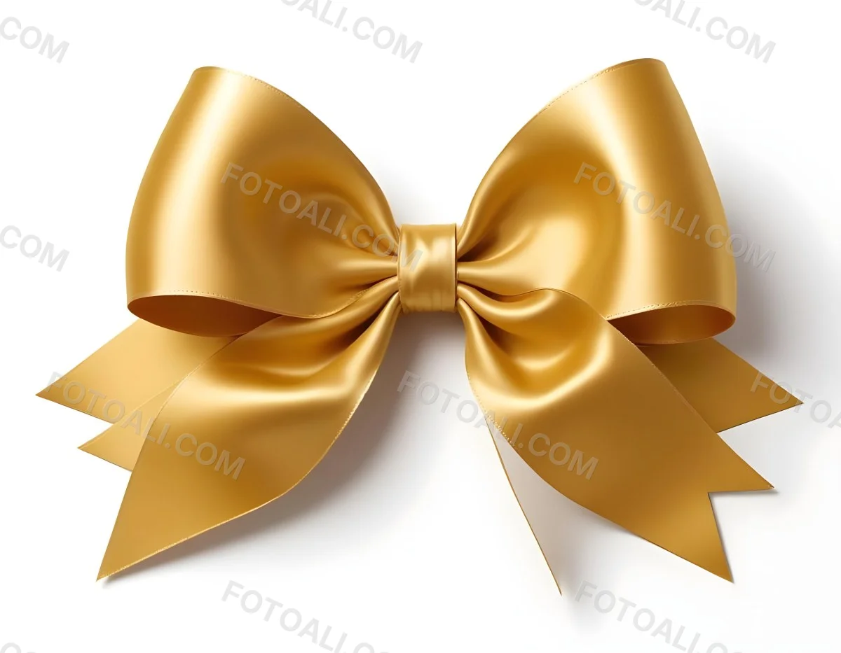 A Large Shiny Golden Bow Made Of Satin Against A Plain White Background 17 B7c2