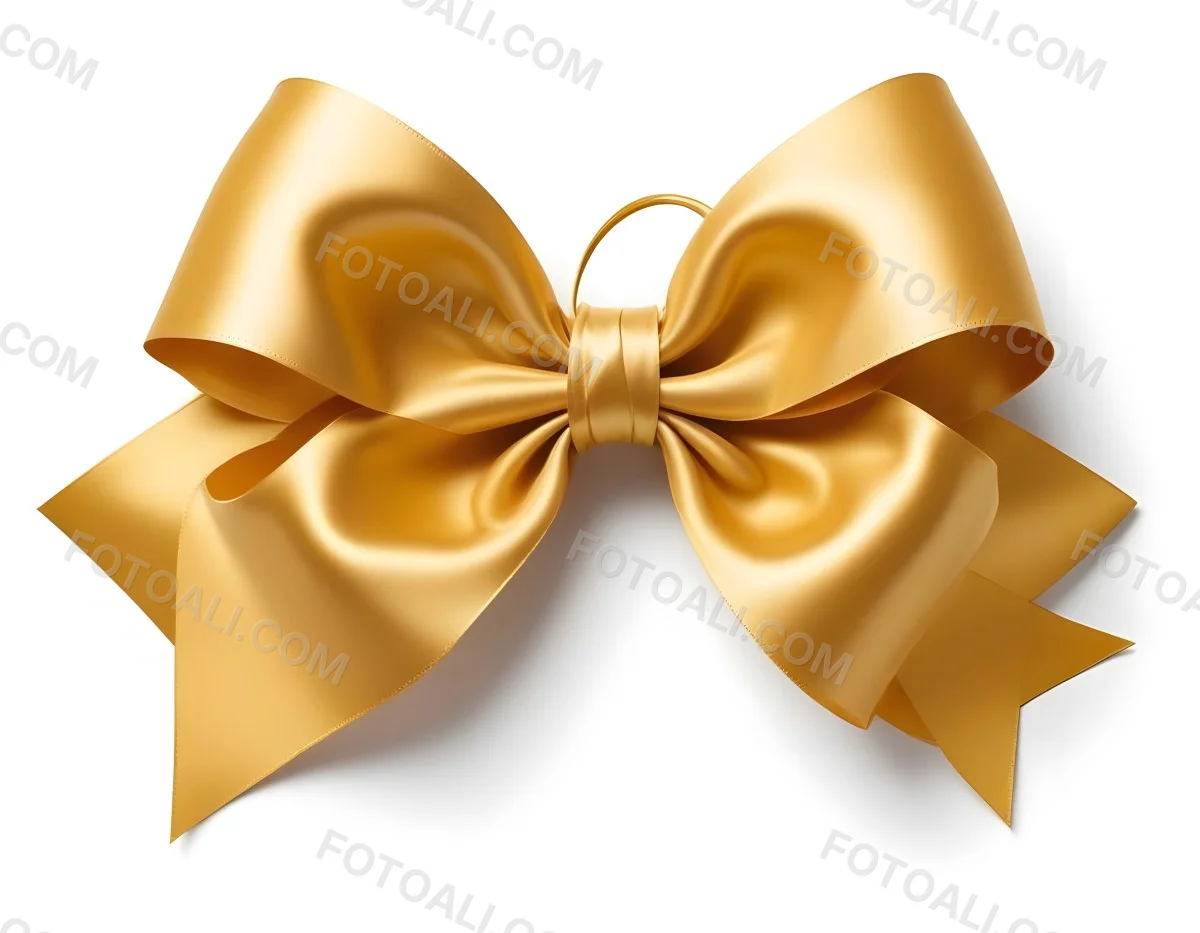 A Large Shiny Golden Bow Made Of Satin Against A Plain White Background 22 8a8f