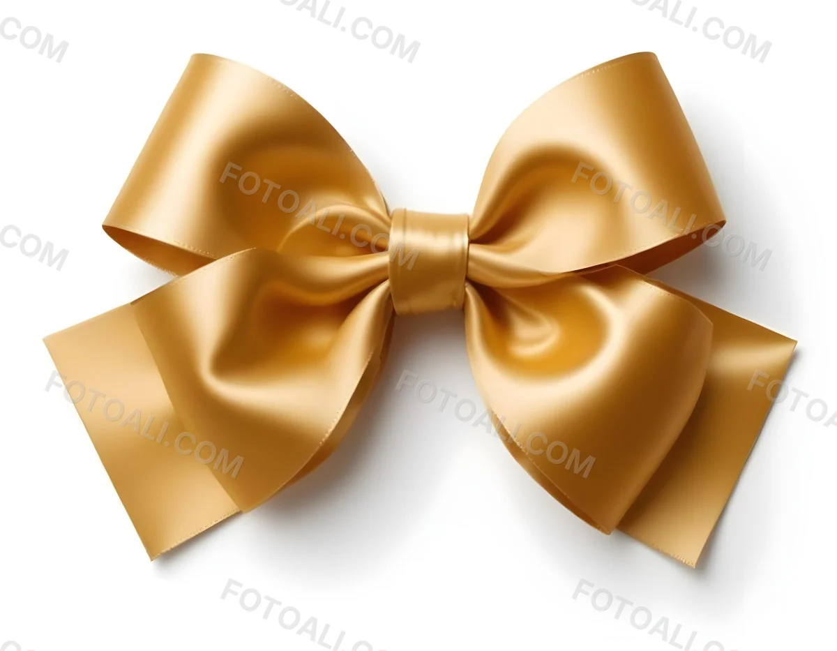 A Large Shiny Golden Bow Made Of Satin Against A Plain White Background 35 51d5