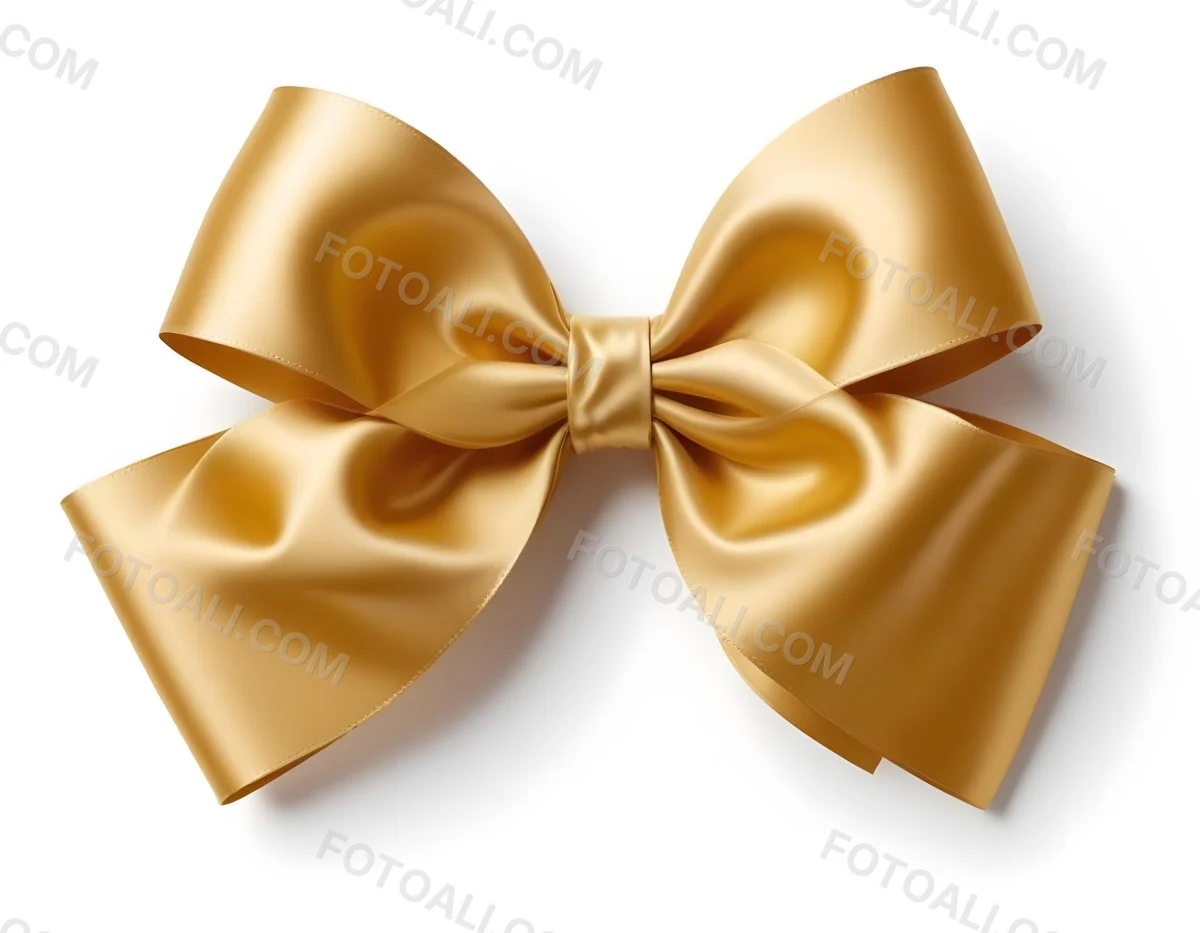 A Large Shiny Golden Bow Made Of Satin Against A Plain White Background 39 9add