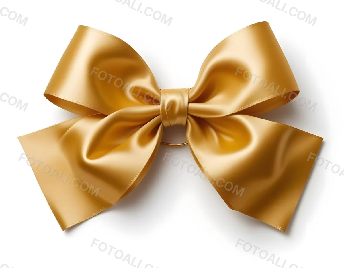 A Large Shiny Golden Bow Made Of Satin Against A Plain White Background 40 C556