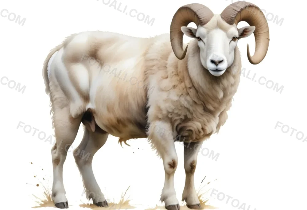 A Large White Ram With Curled Horns Standing In A Field 29 52a6