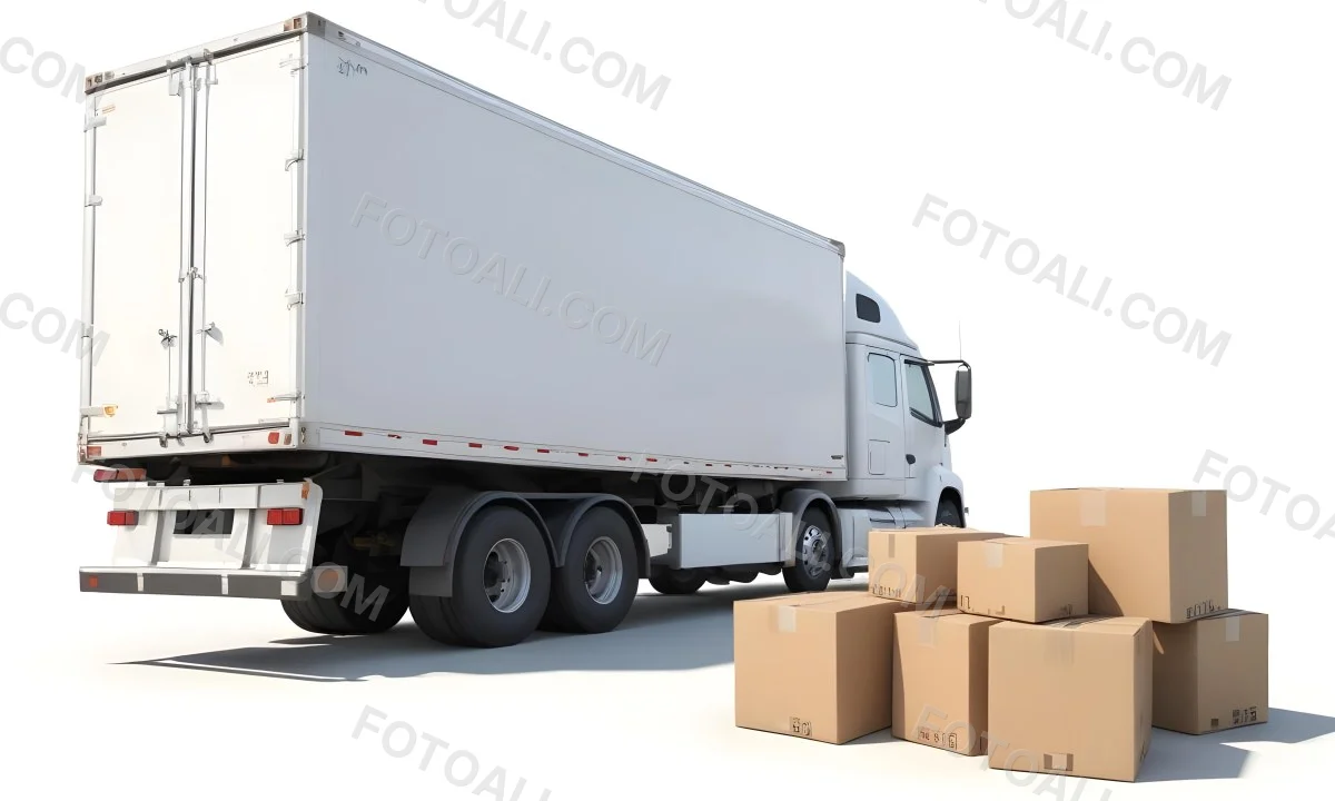 A Large White Semi Truck Trailer Parked Next To A Stopwatch And Cardboard Boxes Suggesting A Logistics Scene 18 E65a