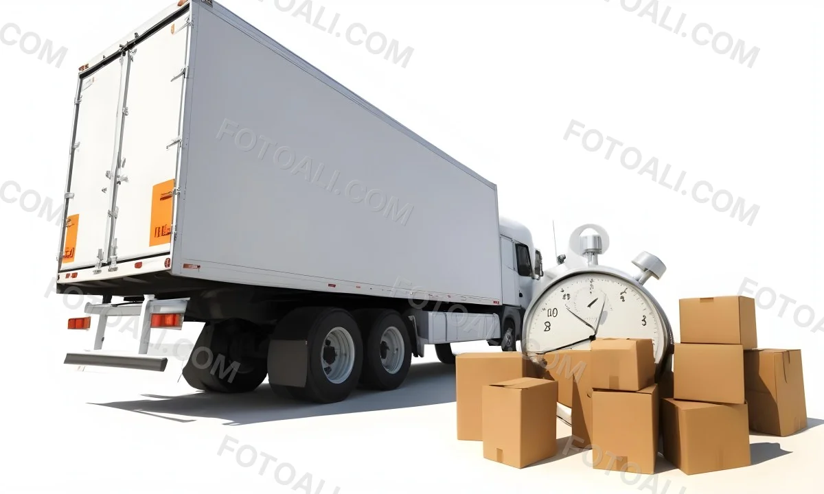 A Large White Semi Truck Trailer Parked Next To A Stopwatch And Cardboard Boxes Suggesting A Logistics Scene 30 845d