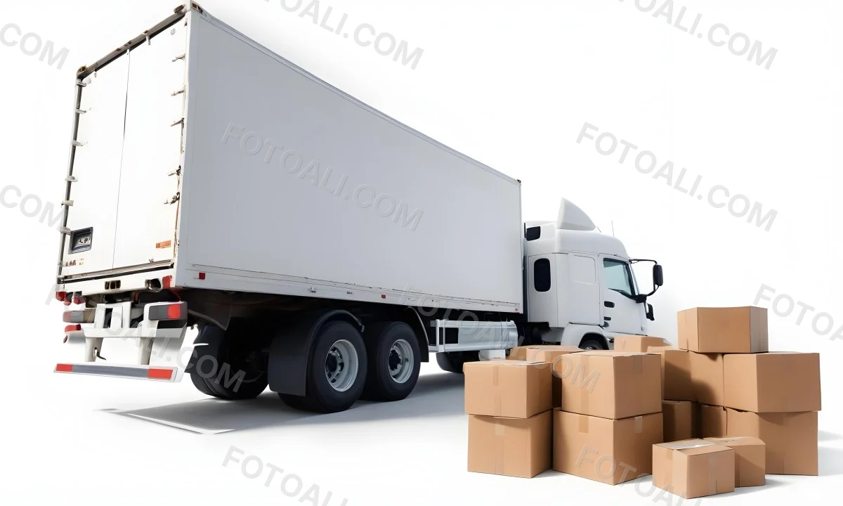 A Large White Semi Truck Trailer Parked Next To A Stopwatch And Cardboard Boxes Suggesting A Logistics Scene 31 B5f4