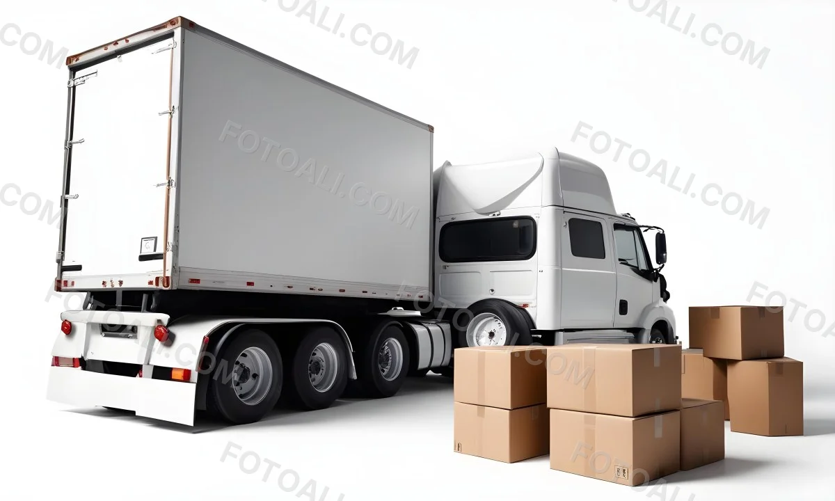 A Large White Semi Truck Trailer Parked Next To A Stopwatch And Cardboard Boxes Suggesting A Logistics Scene 32 9fe3