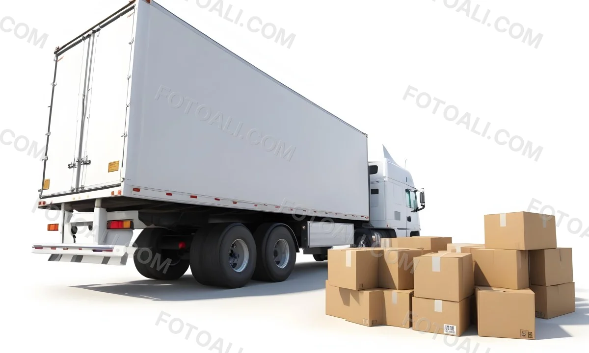 A Large White Semi Truck Trailer Parked Next To A Stopwatch And Cardboard Boxes Suggesting A Logistics Scene 4 22ff