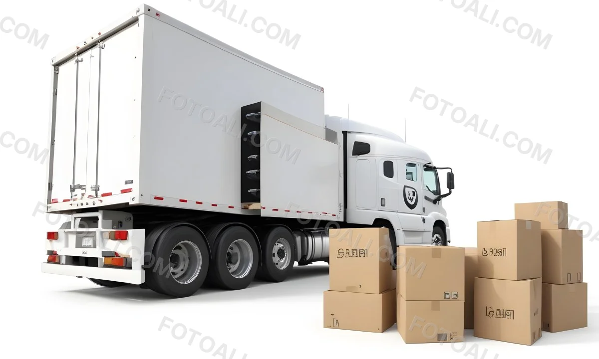 A Large White Semi Truck Trailer Parked Next To A Stopwatch And Cardboard Boxes Suggesting A Logistics Scene 5 621e