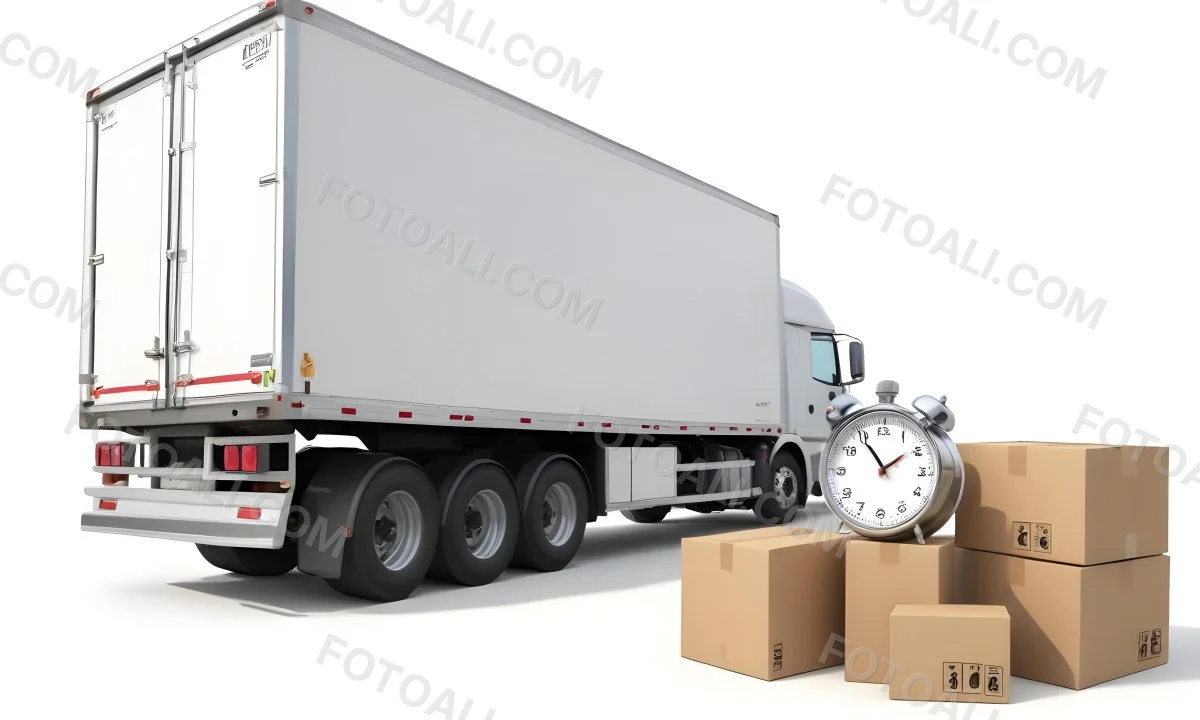 A Large White Semi Truck Trailer Parked Next To A Stopwatch And Cardboard Boxes Suggesting A Logistics Scene 6 7df3