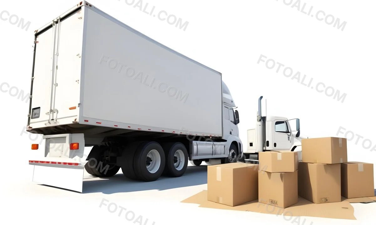 A Large White Semi Truck Trailer Parked Next To A Stopwatch And Cardboard Boxes Suggesting A Logistics Scene 9 44d6