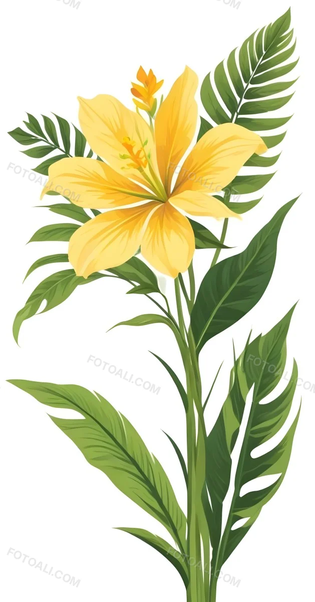A Large Yellow And Green Flower With Long Green Leaves Likely A Tulip Or Similar Flower The Flower Has A Vibrant Detailed Appearance With Intricate Petals And A Prominent Center The Background 106 316a