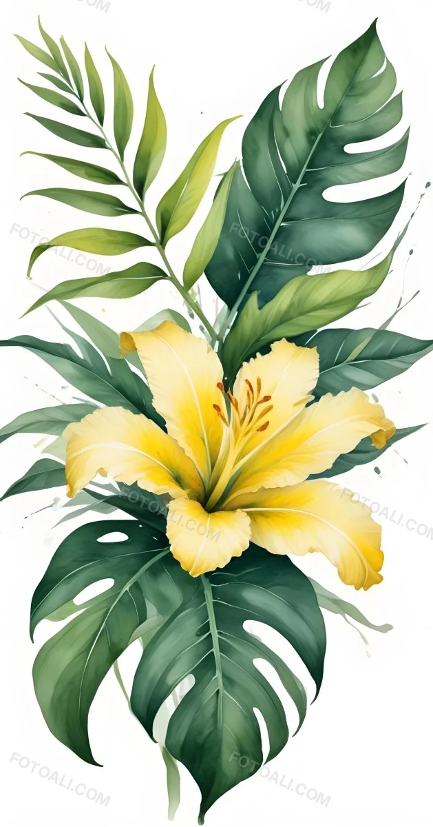 A Large Yellow And Green Flower With Long Green Leaves Likely A Tulip Or Similar Flower The Flower Has A Vibrant Detailed Appearance With Intricate Petals And A Prominent Center The Background 248 Febe