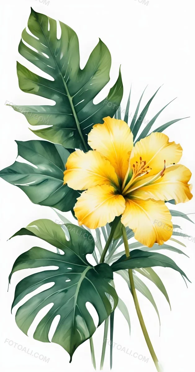 A Large Yellow And Green Flower With Long Green Leaves Likely A Tulip Or Similar Flower The Flower Has A Vibrant Detailed Appearance With Intricate Petals And A Prominent Center The Background 251 74c4