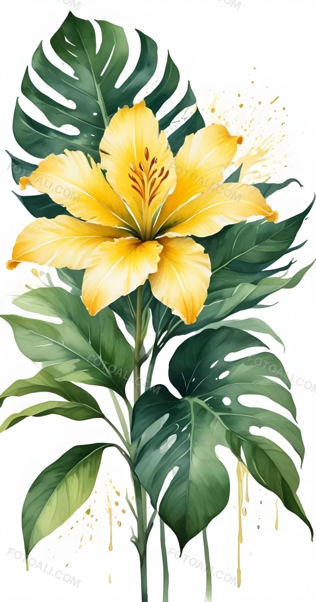 A Large Yellow And Green Flower With Long Green Leaves Likely A Tulip Or Similar Flower The Flower Has A Vibrant Detailed Appearance With Intricate Petals And A Prominent Center The Background 338 311b