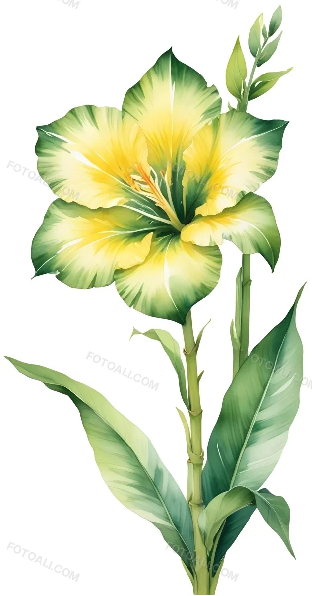 A Large Yellow And Green Flower With Long Green Leaves Likely A Tulip Or Similar Flower The Flower Has A Vibrant Detailed Appearance With Intricate Petals And A Prominent Center The Background 341 C610