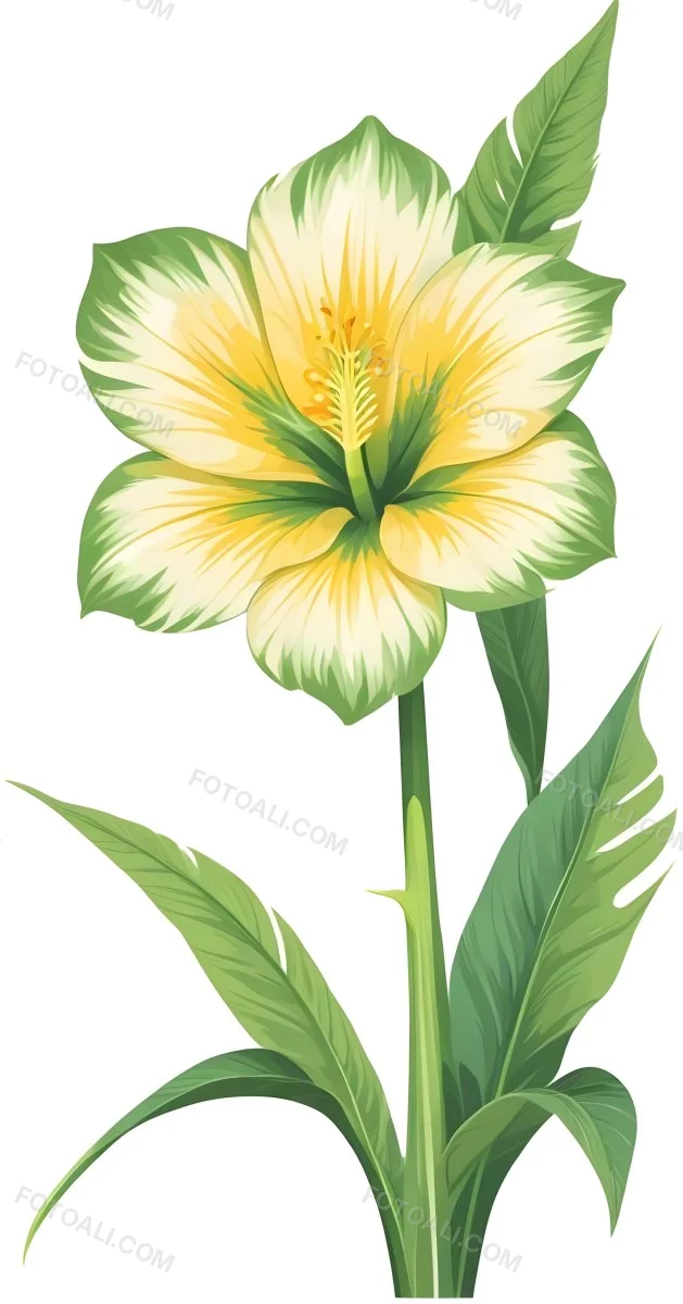 A Large Yellow And Green Flower With Long Green Leaves Likely A Tulip Or Similar Flower The Flower Has A Vibrant Detailed Appearance With Intricate Petals And A Prominent Center The Background 53 Fca4
