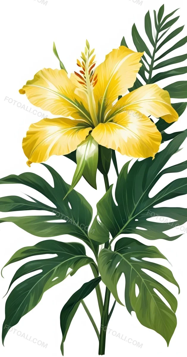 A Large Yellow And Green Flower With Long Green Leaves Likely A Tulip Or Similar Flower The Flower Has A Vibrant Detailed Appearance With Intricate Petals And A Prominent Center The Background 6 C573