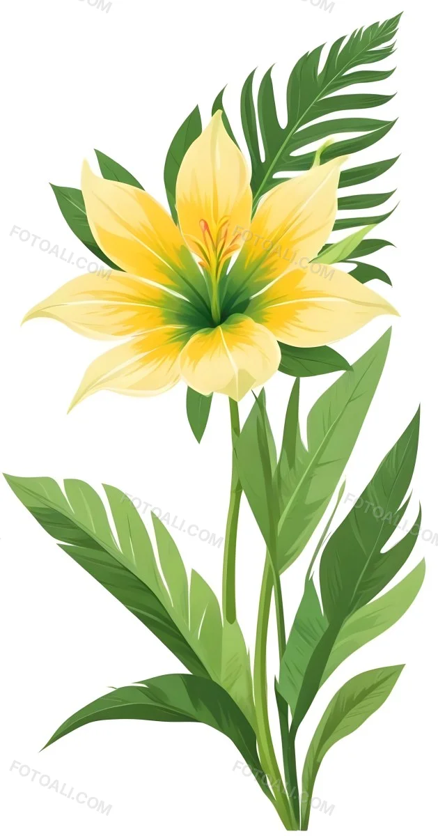 A Large Yellow And Green Flower With Long Green Leaves Likely A Tulip Or Similar Flower The Flower Has A Vibrant Detailed Appearance With Intricate Petals And A Prominent Center The Background 62 577c