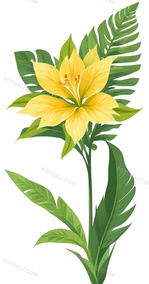 A Large Yellow And Green Flower With Long Green Leaves Likely A Tulip Or Similar Flower The Flower Has A Vibrant Detailed Appearance With Intricate Petals And A Prominent Center The Background 65 Ab1a