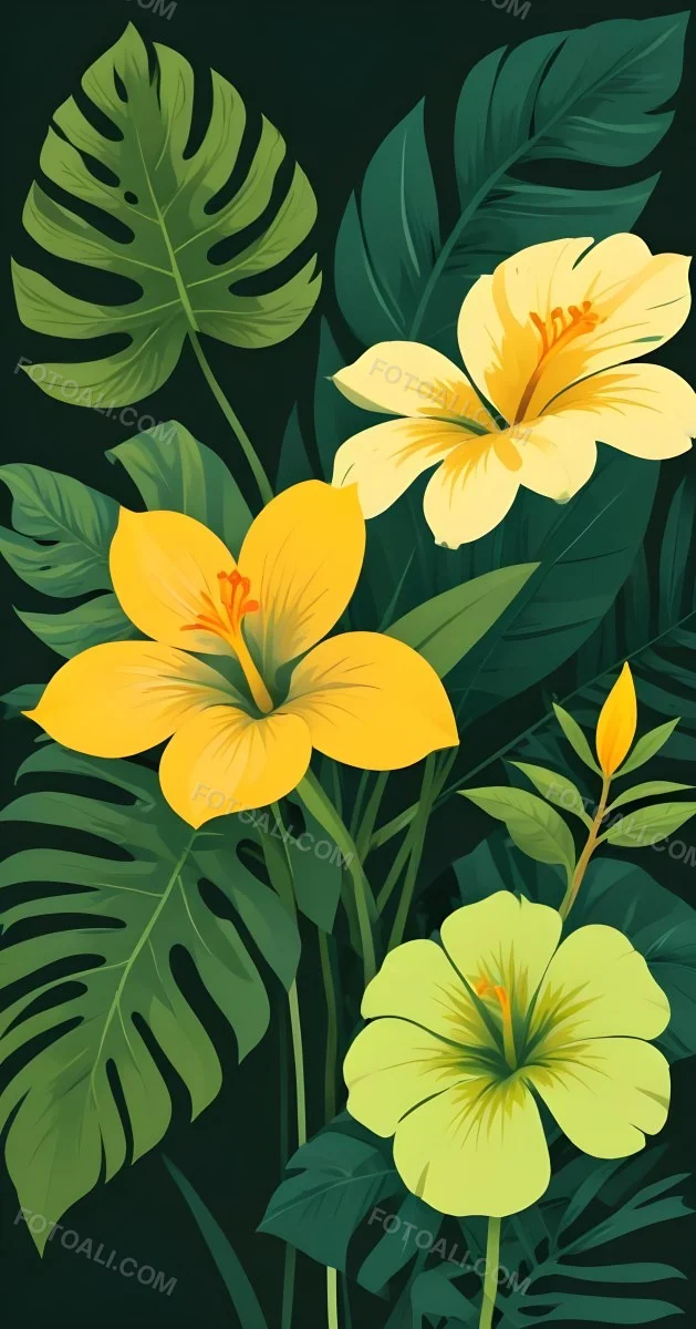 A Large Yellow And Green Flower With Long Green Leaves Likely A Tulip Or Similar Flower The Flower Has A Vibrant Detailed Appearance With Intricate Petals And A Prominent Center The Background 89 D81e