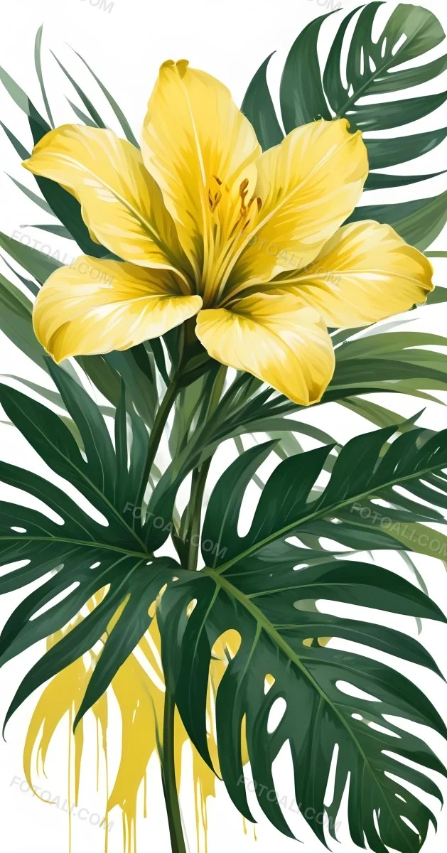 A Large Yellow And Green Flower With Long Green Leaves Likely A Tulip Or Similar Flower The Flower Has A Vibrant Detailed Appearance With Intricate Petals And A Prominent Center The Background 9 0b49