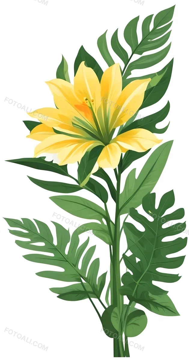 A Large Yellow And Green Flower With Long Green Leaves Likely A Tulip Or Similar Flower The Flower Has A Vibrant Detailed Appearance With Intricate Petals And A Prominent Center The Background 98 648d