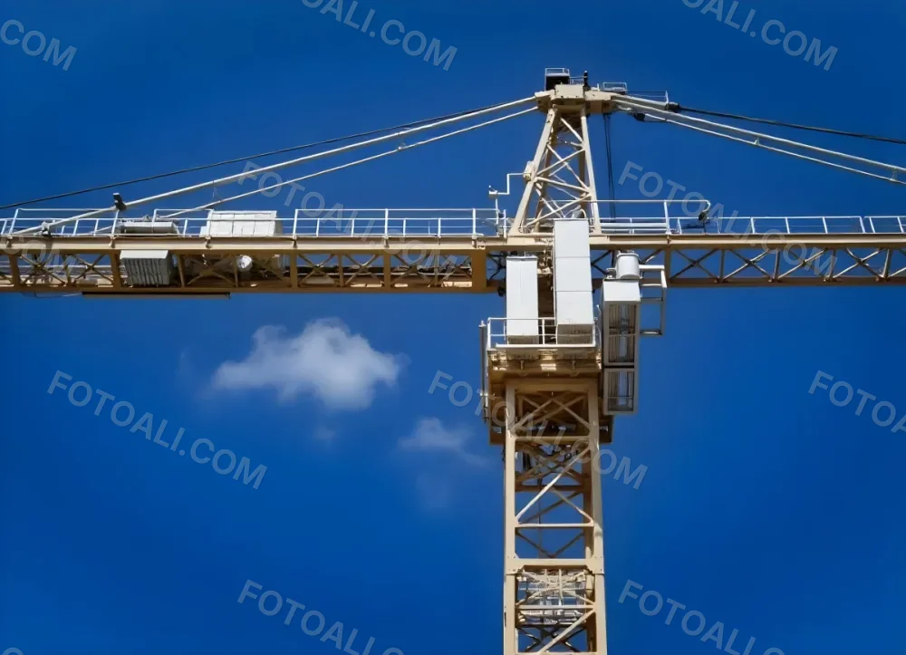 A Large Yellow Construction Crane Against A Bright Blue Sky 1 7c7b