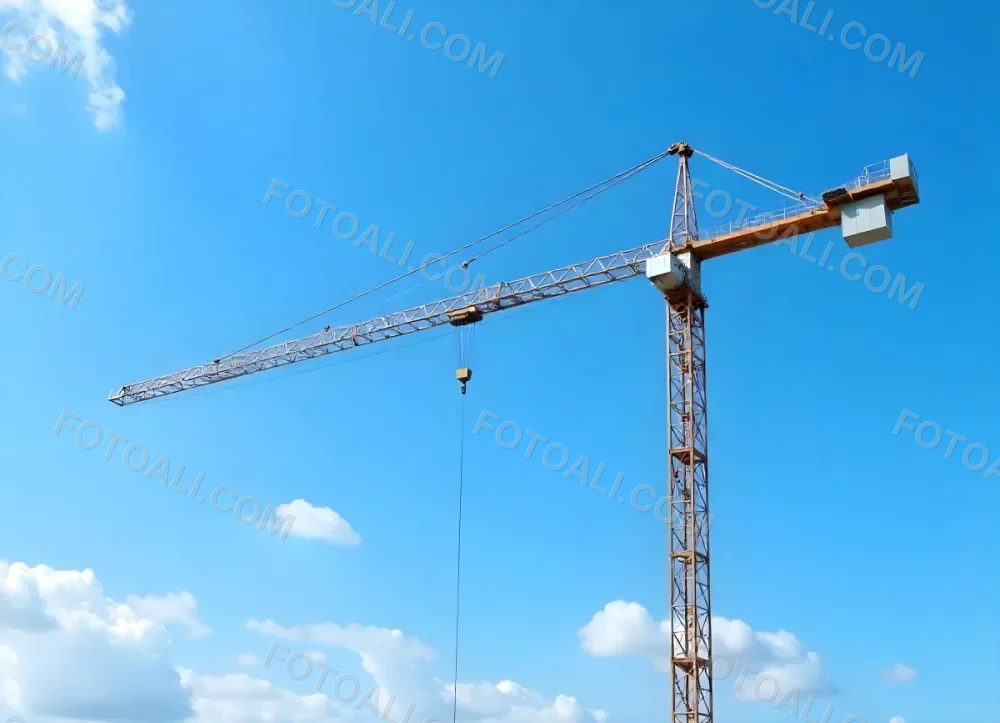A Large Yellow Construction Crane Against A Bright Blue Sky 3 5b39