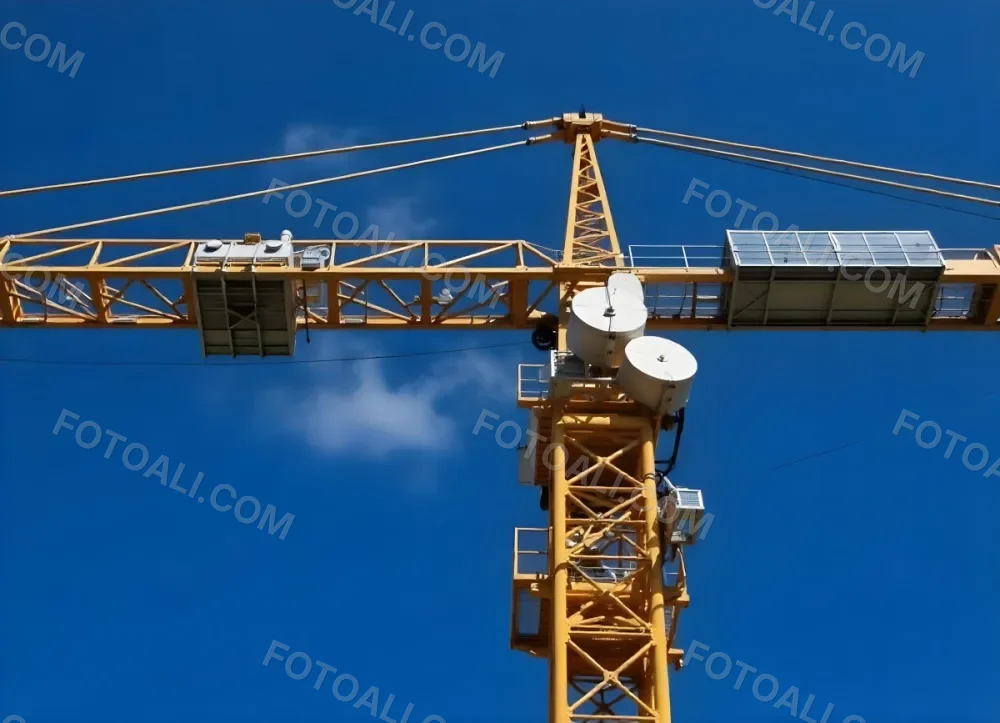 A Large Yellow Construction Crane Against A Bright Blue Sky 7 B993