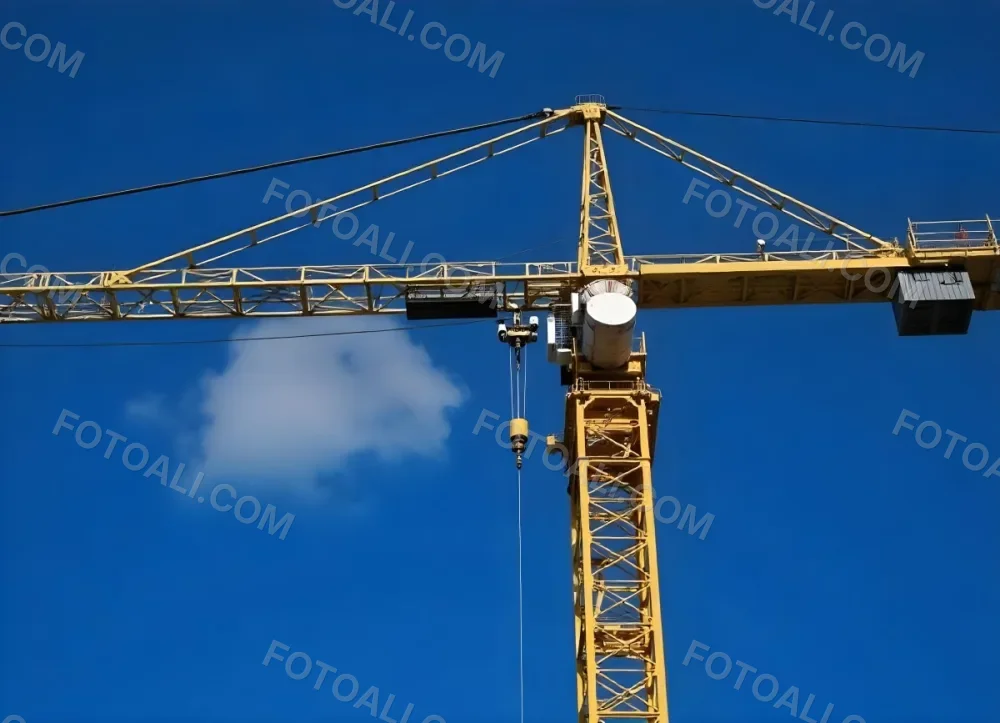 A Large Yellow Construction Crane Against A Bright Blue Sky 8 E8a1