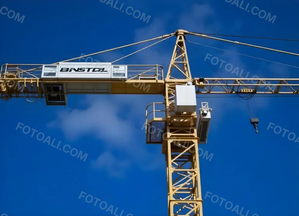 A Large Yellow Construction Crane Against A Bright Blue Sky 9 Fcb2