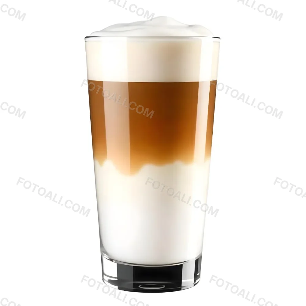 A Latte Macchiato In A Glass With Three Distinct Layers Of Milk Coffee And Foam The Background Is Plain White 10 F88b