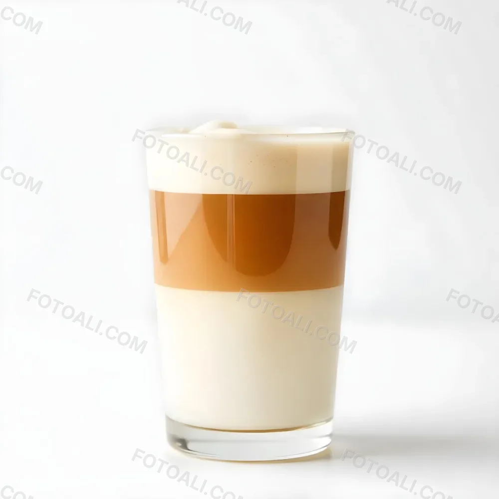 A Latte Macchiato In A Glass With Three Distinct Layers Of Milk Coffee And Foam The Background Is Plain White 22 C76b