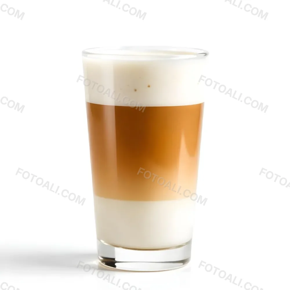 A Latte Macchiato In A Glass With Three Distinct Layers Of Milk Coffee And Foam The Background Is Plain White 23 F959