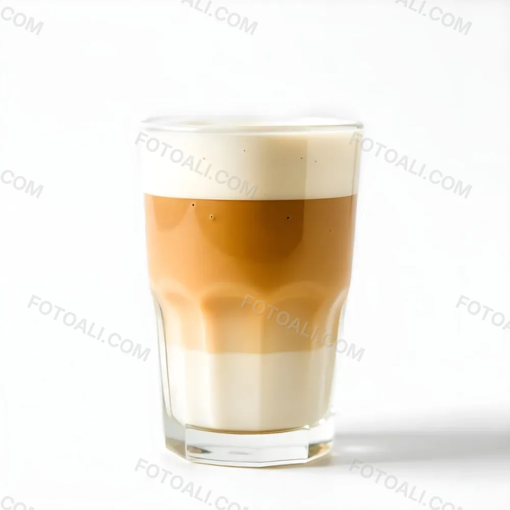 A Latte Macchiato In A Glass With Three Distinct Layers Of Milk Coffee And Foam The Background Is Plain White 24 3167