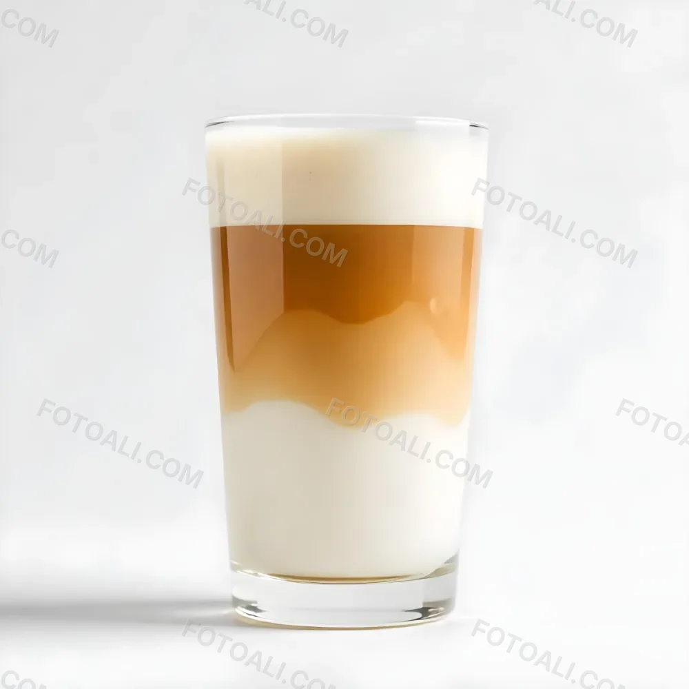 A Latte Macchiato In A Glass With Three Distinct Layers Of Milk Coffee And Foam The Background Is Plain White 30 9f56