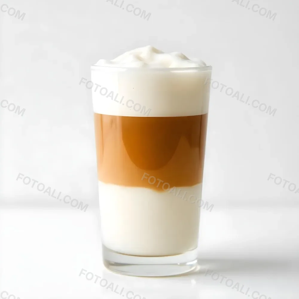 A Latte Macchiato In A Glass With Three Distinct Layers Of Milk Coffee And Foam The Background Is Plain White 5 5a8d