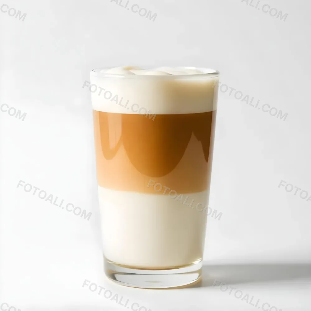 A Latte Macchiato In A Glass With Three Distinct Layers Of Milk Coffee And Foam The Background Is Plain White 6 4486