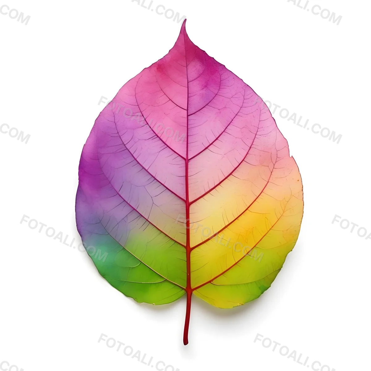 A Leaf With Vibrant Rainbow Colors Transitioning From Pink To Yellow With Detailed Veins Isolated On A Clean White Background Showcasing Its Unique And Colorful Appearance 17 34bb
