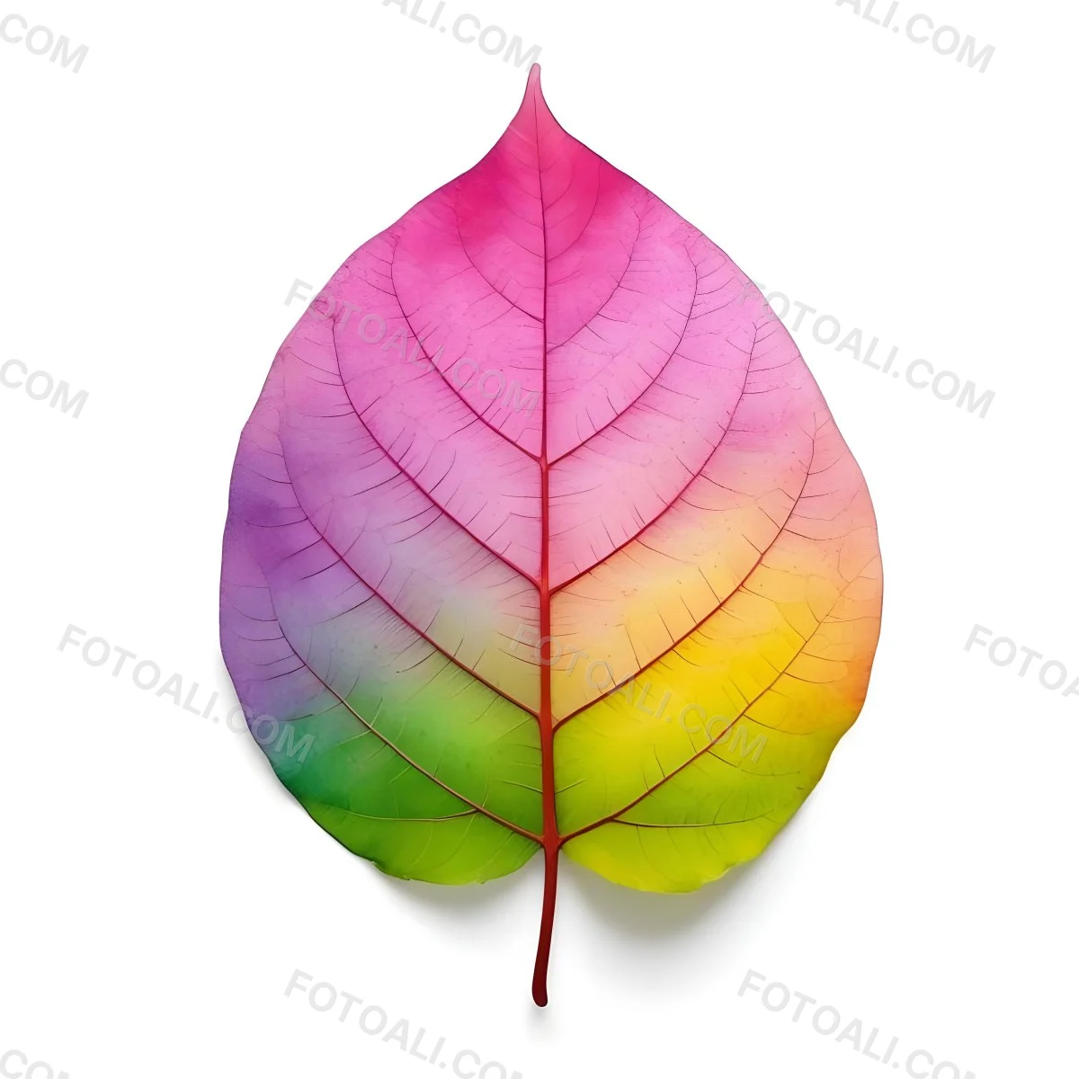 A Leaf With Vibrant Rainbow Colors Transitioning From Pink To Yellow With Detailed Veins Isolated On A Clean White Background Showcasing Its Unique And Colorful Appearance 20 5da0