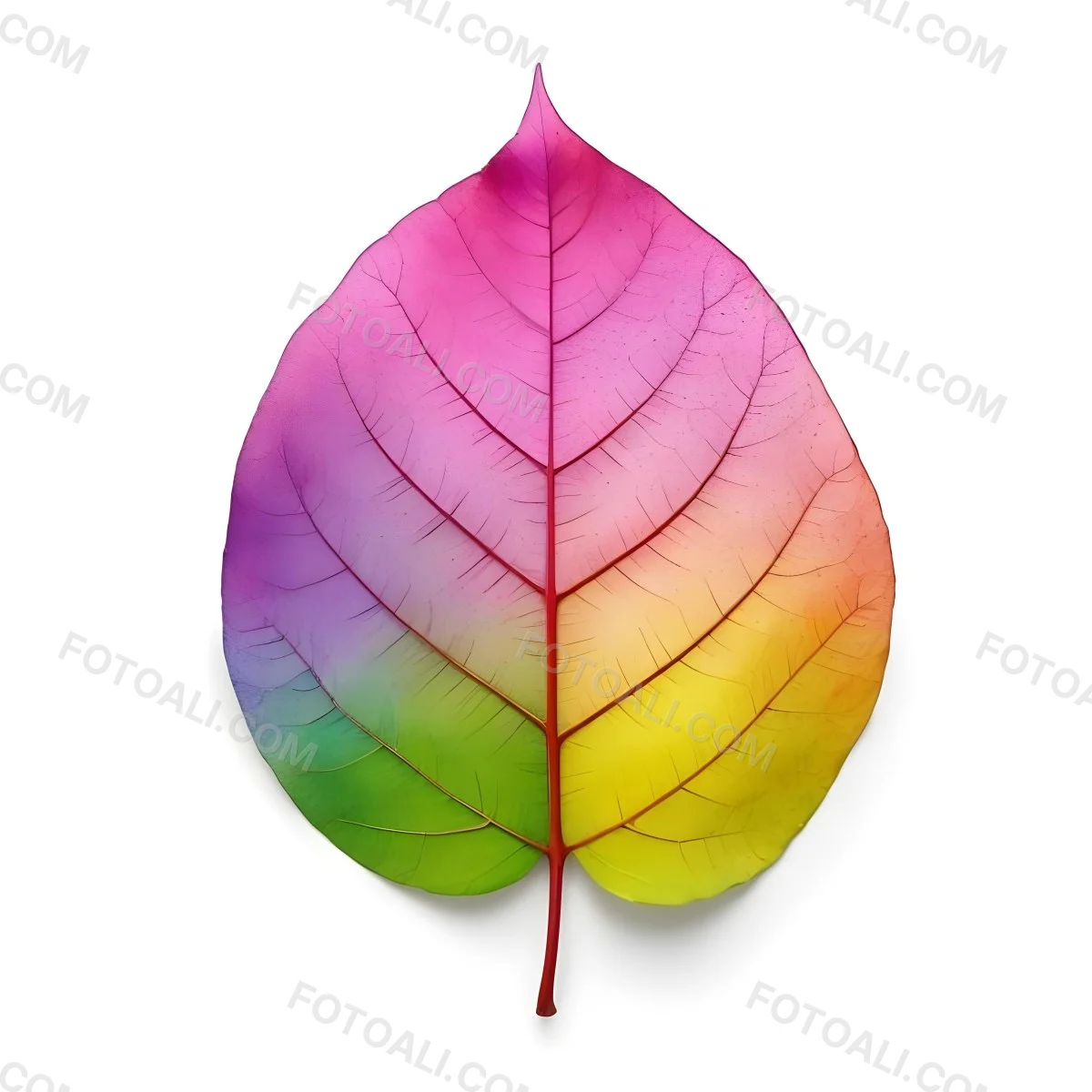 A Leaf With Vibrant Rainbow Colors Transitioning From Pink To Yellow With Detailed Veins Isolated On A Clean White Background Showcasing Its Unique And Colorful Appearance 22 107a