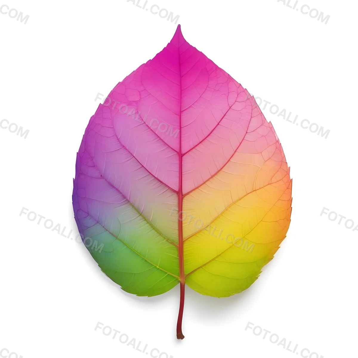 A Leaf With Vibrant Rainbow Colors Transitioning From Pink To Yellow With Detailed Veins Isolated On A Clean White Background Showcasing Its Unique And Colorful Appearance 26 72e4