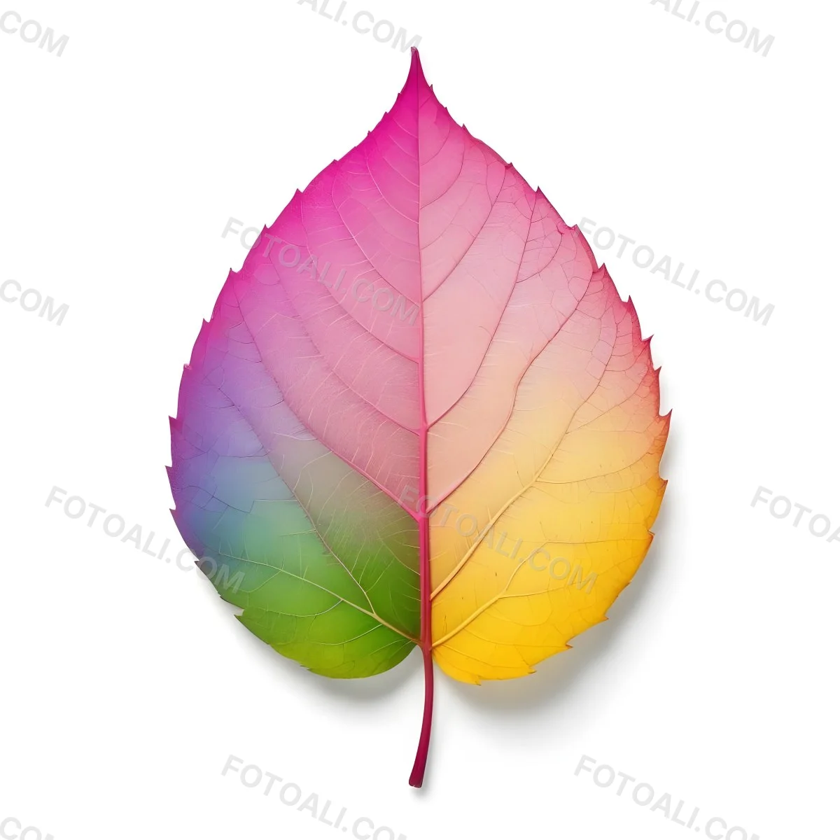 A Leaf With Vibrant Rainbow Colors Transitioning From Pink To Yellow With Detailed Veins Isolated On A Clean White Background Showcasing Its Unique And Colorful Appearance 45 06a1