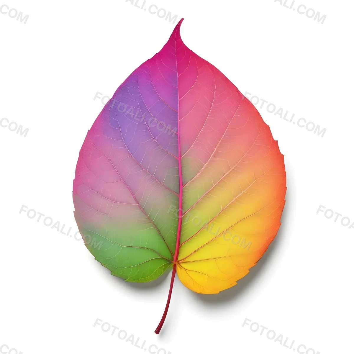 A Leaf With Vibrant Rainbow Colors Transitioning From Pink To Yellow With Detailed Veins Isolated On A Clean White Background Showcasing Its Unique And Colorful Appearance 46 9c16
