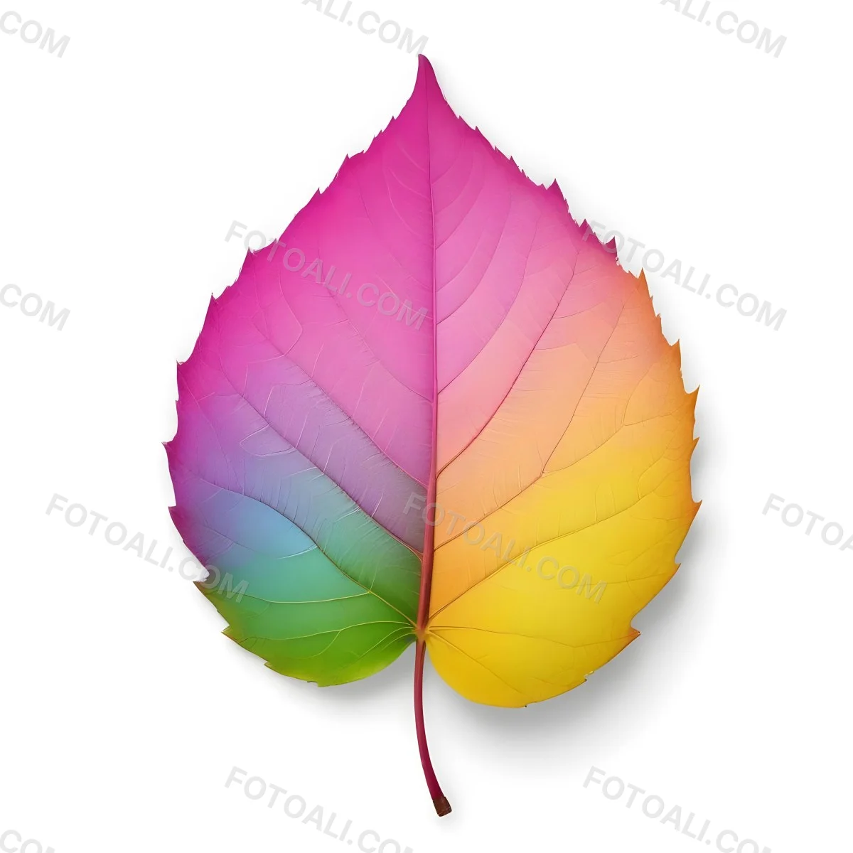 A Leaf With Vibrant Rainbow Colors Transitioning From Pink To Yellow With Detailed Veins Isolated On A Clean White Background Showcasing Its Unique And Colorful Appearance 50 264d